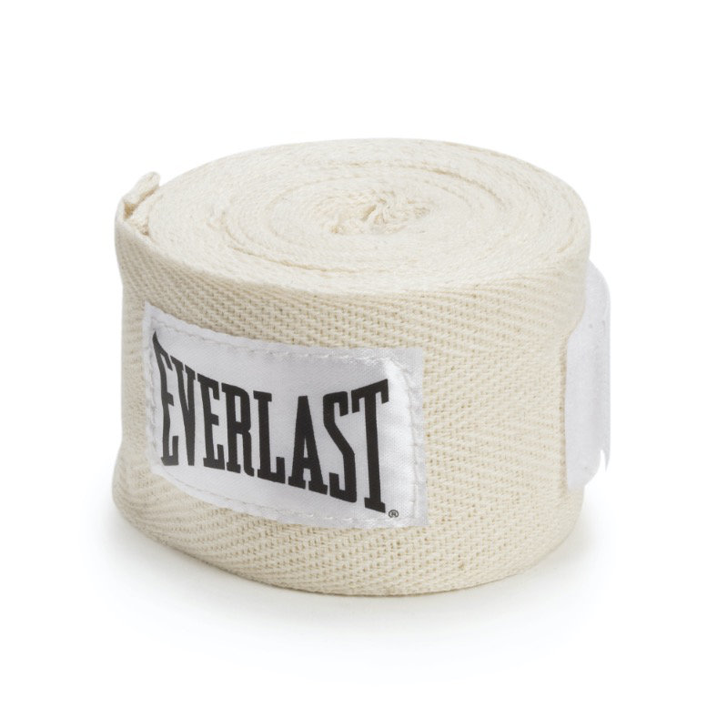 Dette er en sammenrullet handwrap fra Everlast. Handwrap er natur med everlast logo på siden.